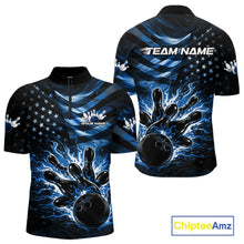 Load image into Gallery viewer, Front and back views of a black mens bowling quarter-zip shirt featuring a blue flame bowling ball striking pins with distressed American flag graphics.