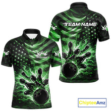 Load image into Gallery viewer, Front and back views of a black mens bowling polo shirt showcasing a green flame bowling ball striking pins with American flag-inspired graphics.