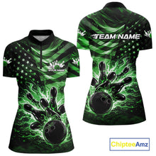 Load image into Gallery viewer, Front and back views of a black womens bowling quarter-zip shirt featuring a green flame bowling ball striking pins with a distressed American flag theme.