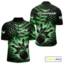 Load image into Gallery viewer, Front and back views of a black mens bowling quarter-zip shirt showcasing a green flame bowling ball striking pins with distressed American flag artwork.
