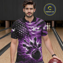 Load image into Gallery viewer, Male model wearing a black bowling polo shirt at the lane with purple flame bowling artwork and patriotic motifs.