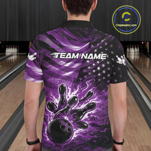 Load image into Gallery viewer, Back view of a male model in a black bowling polo shirt displaying purple flame bowling strike graphics and flag accents.