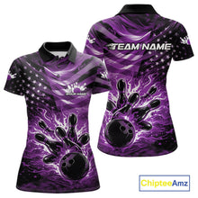 Load image into Gallery viewer, Front and back views of a black womens bowling polo shirt featuring a purple flame bowling ball striking pins with distressed American flag accents.