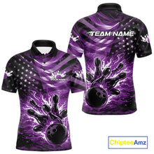 Load image into Gallery viewer, Front and back views of a black mens bowling polo shirt featuring a purple flame bowling ball striking pins with distressed American flag graphics.
