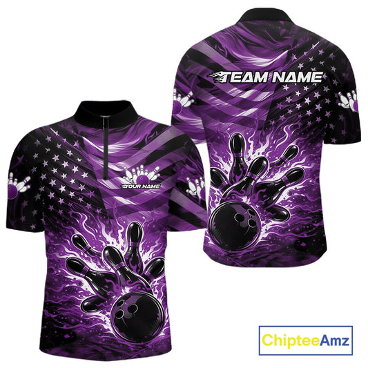 Front and back views of a black mens bowling quarter-zip shirt with a purple flame bowling ball striking pins and distressed American flag graphics.