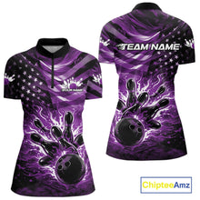 Load image into Gallery viewer, Front and back views of a black womens bowling quarter-zip shirt with a purple flame bowling ball striking pins and distressed American flag graphics.