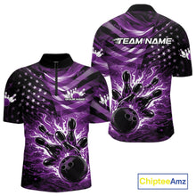 Load image into Gallery viewer, Front and back views of a black mens bowling quarter-zip shirt with a purple flame bowling ball striking pins and distressed American flag graphics.