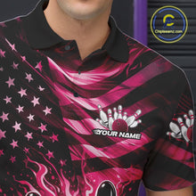 Load image into Gallery viewer, Custom Black And Pink Patriotic Fire Flame Men Bowling Shirt, US Flag Bowling Jerseys IPHW11001
