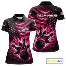 Load image into Gallery viewer, Front and back views of a black womens bowling polo shirt featuring a pink flame bowling ball striking pins with a distressed American flag theme.