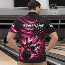 Load image into Gallery viewer, Front view of a male model in a black bowling quarter-zip shirt showcasing pink flame bowling strike artwork and distressed flag details.