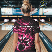 Load image into Gallery viewer, Back view of a female model in a black bowling quarter-zip shirt showcasing pink flame bowling artwork and an American flag theme.