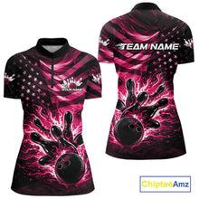 Load image into Gallery viewer, Front and back views of a black womens bowling quarter-zip shirt featuring a pink flame bowling ball and distressed American flag artwork.