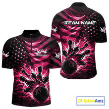 Load image into Gallery viewer, Front and back views of a black mens bowling quarter-zip shirt featuring a pink flame bowling ball and distressed American flag artwork.