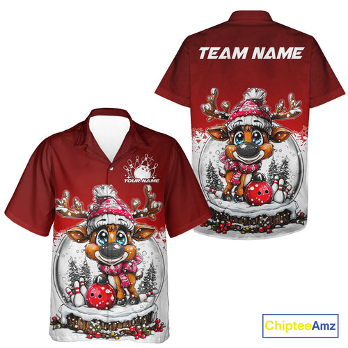 Custom Cute Funny Reindeer Christmas Bowling Men And Women Hawaiian Shirts, Xmas Team Bowling Shirt IPHW10114