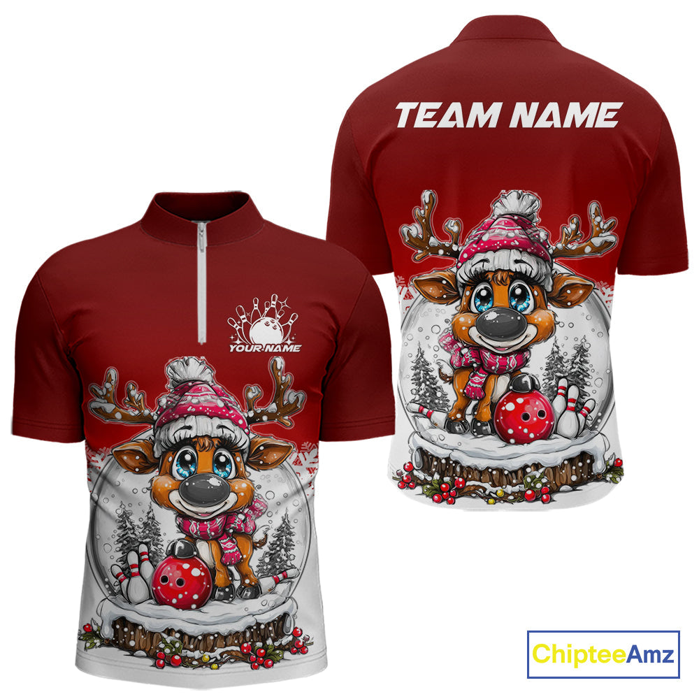 Custom Cute Funny Reindeer Christmas Bowling Men Quarter-Zip Shirts, Xmas Team Bowling Shirt IPHW10114