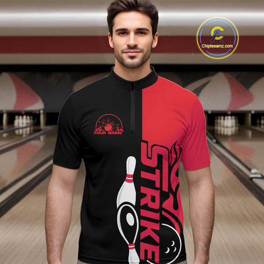 Custom Black And Red Flame Strike Bowling Men Quarter-Zip Shirt, Bowling Tournament Shirt IPHW10252
