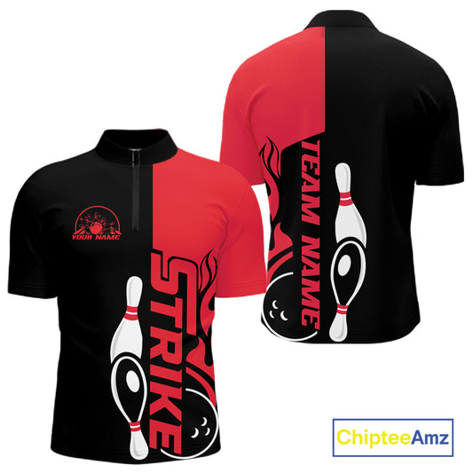 Custom Black And Red Flame Strike Bowling Men Quarter-Zip Shirt, Bowling Tournament Shirt IPHW10252