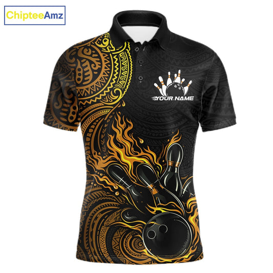 Custom Black And Yellow Tribal Flame Bowling Ball Bowling Team Shirts, Polynesian Bowling Tournament Shirt IPHW10497