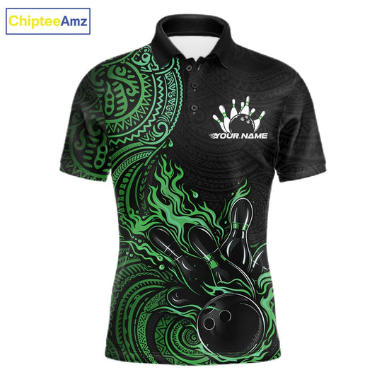 Custom Black And Green Tribal Flame Bowling Ball Bowling Team Shirts, Polynesian Bowling Tournament Shirt IPHW10498