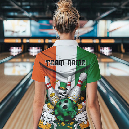 Custom Irish Flag Patricks Day Bowling Polo Team Shirts For Women, Skull Leprechaun Bowling IPHW8588