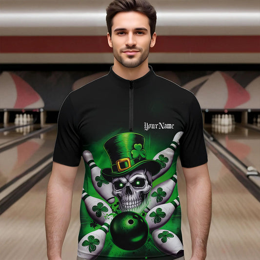 Custom Black And Green Lucky Clover St Patricks Day Skull Bowling Team Quarter-Zip Shirts For Men IPHW8593
