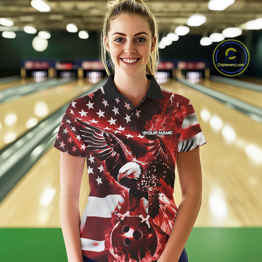 Custom Red Flaming American Flag Eagle Bowling Team Women Shirt, Patriotic Bowlers Outfit IPHW10779