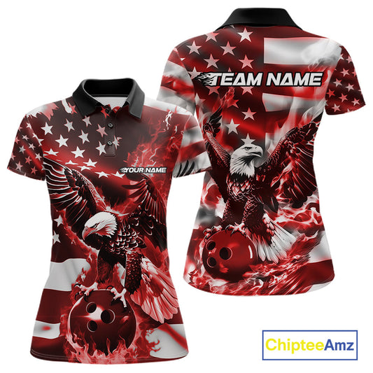 Custom Red Flaming American Flag Eagle Bowling Team Women Shirt, Patriotic Bowlers Outfit IPHW10779