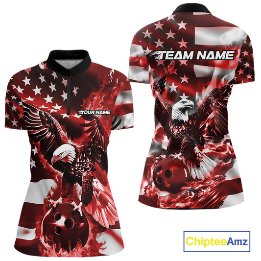 Custom Red Flaming American Flag Eagle Bowling Women Shirt, Patriotic Bowlers Outfit IPHW10779