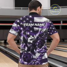Load image into Gallery viewer, Custom Purple Flaming American Flag Eagle Bowling Team Men Shirt, Patriotic Bowlers Outfit IPHW10781