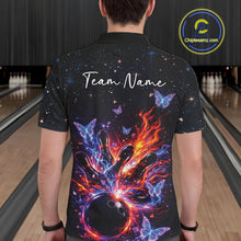 Load image into Gallery viewer, Back view of a male model in a black bowling polo shirt displaying cosmic bowling artwork with luminous butterfly accents.