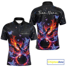 Load image into Gallery viewer, Front and back views of a black mens bowling polo shirt with flaming bowling ball artwork, glowing butterflies, and cosmic details.