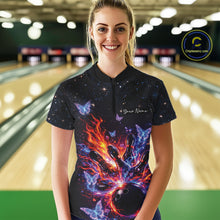 Load image into Gallery viewer, Female model wearing a black bowling quarter-zip shirt at the lane with cosmic bowling strike graphics.
