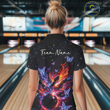 Load image into Gallery viewer, Back view of a female model in a black bowling quarter-zip shirt showcasing glowing butterfly bowling artwork.