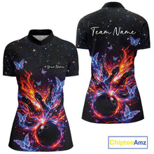Load image into Gallery viewer, Front and back views of a black womens bowling quarter-zip shirt featuring flaming bowling ball artwork and glowing butterflies.