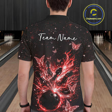 Load image into Gallery viewer, Back view of a male model wearing a black and red bowling polo shirt with cosmic bowling motifs and luminous butterflies.
