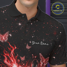 Load image into Gallery viewer, Close-up of the left chest on a black and red bowling polo shirt featuring a flaming bowling strike and butterfly accents.