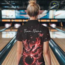 Load image into Gallery viewer, Back view of a female model in a black and red bowling polo shirt showcasing glowing butterflies and flaming pins.