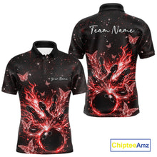 Load image into Gallery viewer, Front and back views of a black and red mens bowling polo shirt featuring flaming bowling ball graphics, glowing butterflies, and a cosmic background.