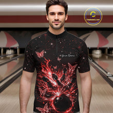 Load image into Gallery viewer, Male model wearing a black and red bowling quarter-zip shirt at the bowling lane with cosmic strike artwork.