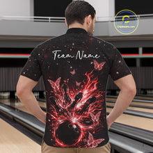 Load image into Gallery viewer, Front view of a male model in a black and red quarter-zip shirt with glowing butterfly bowling graphics.