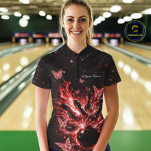 Load image into Gallery viewer, Female model in a black and red bowling quarter-zip shirt at the lane with cosmic flaming bowling artwork.