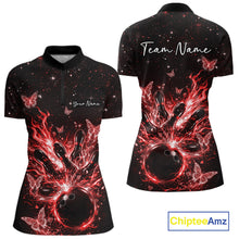 Load image into Gallery viewer, Front and back views of a black and red womens bowling quarter-zip shirt with flaming ball, pins, and glowing butterflies.