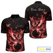 Load image into Gallery viewer, Front and back views of a black and red mens bowling quarter-zip shirt featuring flaming bowling ball and glowing butterflies.