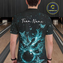 Load image into Gallery viewer, Back view of a male model in a black and turquoise blue bowling polo shirt featuring glowing butterfly bowling graphics.