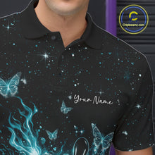Load image into Gallery viewer, Detailed left chest view of a black and turquoise blue bowling polo shirt with cosmic flaming bowling artwork.