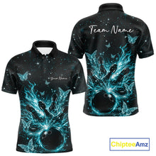 Load image into Gallery viewer, Front and back views of a black and turquoise blue mens bowling polo shirt showcasing a flaming bowling ball striking pins with glowing butterflies.
