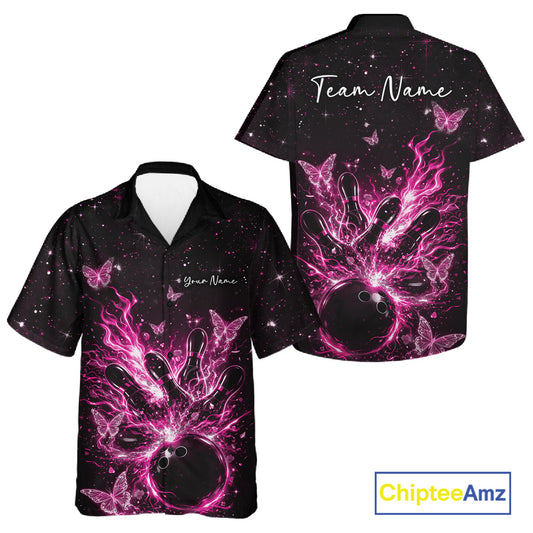 Front and back views of a black and pink button-up bowling shirt featuring a flaming bowling strike scene with cosmic butterfly graphics.