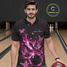 Load image into Gallery viewer, Male model in a black and pink bowling polo shirt at the lane with glowing butterfly strike artwork.