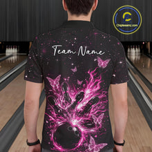 Load image into Gallery viewer, Back view of a male model in a black and pink bowling polo shirt featuring cosmic flaming bowling artwork and glowing butterflies.