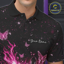 Load image into Gallery viewer, Left chest close-up of a black and pink bowling polo shirt with a flaming bowling ball, glowing butterflies, and cosmic accents.